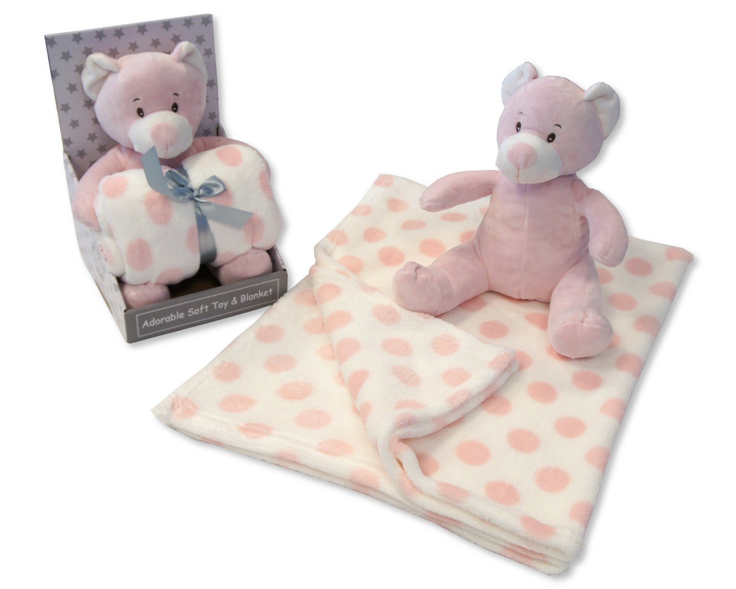 Baby Girls Pink Soft Teddy Bear & Polkadot Blanket - Boxed Gift Set - hanrattycraftsgifts.co.uk