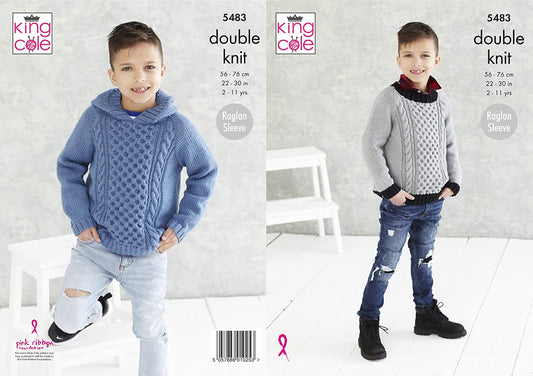 King Cole 5483 Boy's Crew Neck or Hooded Raglan Sleeve Knitting Patterns
