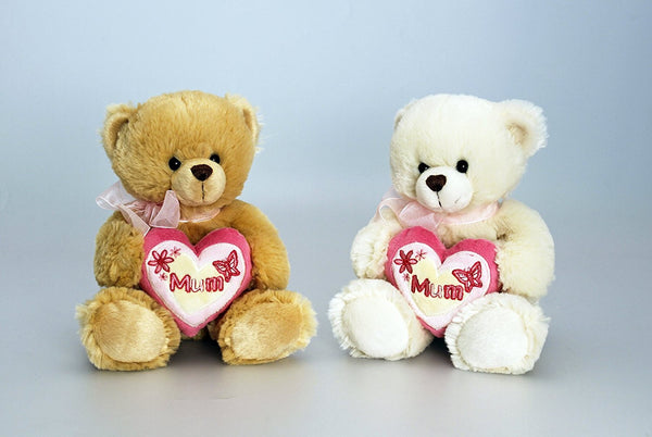 18cm (7") Mother's Day Cream Teddy holding a Heart with "Mum" incribed on it - hanrattycraftsgifts.co.uk