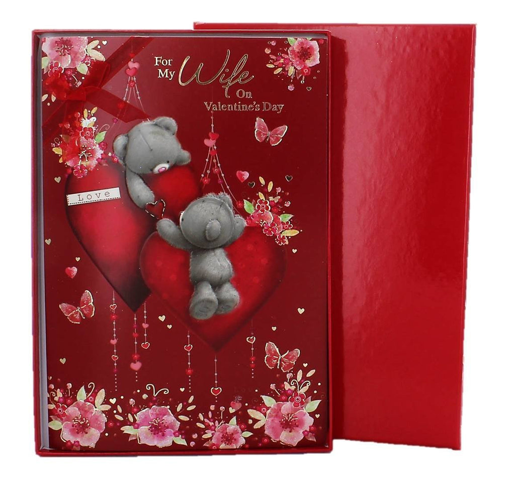 Wife Valentine's Day Card & Red Box - Grey Bears, Big Hearts & Flowers 10" x 7" - hanrattycraftsgifts.co.uk