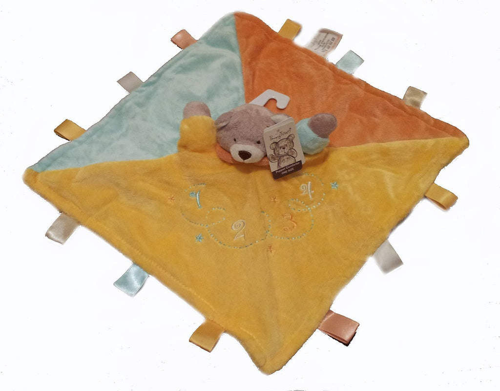 Baby Teddy Puppet Tags Blanket Velour comforter with Labels - hanrattycraftsgifts.co.uk