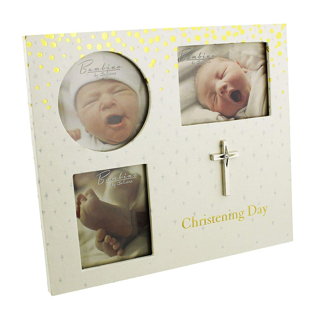 Beautiful Bambino Christening Day 3 aperture Photo Frame with cross - gold & silver decoration - hanrattycraftsgifts.co.uk