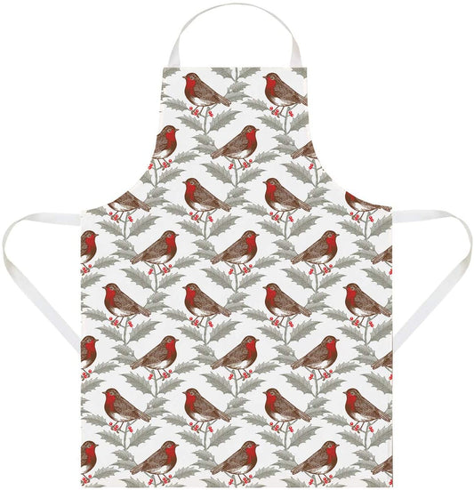 Thornback and Peel Robin and Holly Apron, Cotton, White, 60 x 80 x 3 cm