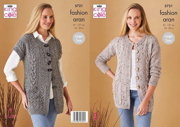 King Cole 5721 Knitting Pattern Womens Cable Waistcoat and Jacket in King Cole Fashion Aran