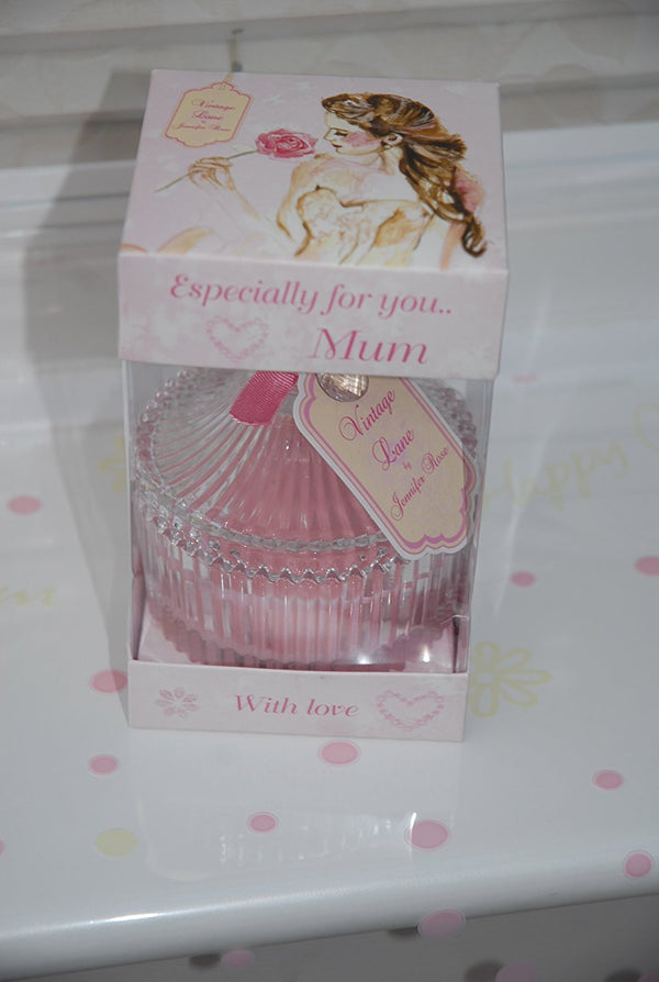 Vintage Lane Mum Rose Candle in a Glass Jar by Jennifer Rose Gift Wrapped in a Lovely Cellophane with Pink Bow - hanrattycraftsgifts.co.uk