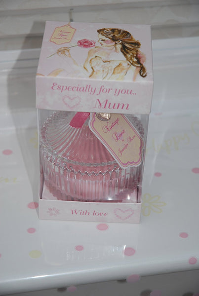 Vintage Lane Mum Rose Candle in a Glass Jar by Jennifer Rose Gift Wrapped in a Lovely Cellophane with Pink Bow - hanrattycraftsgifts.co.uk