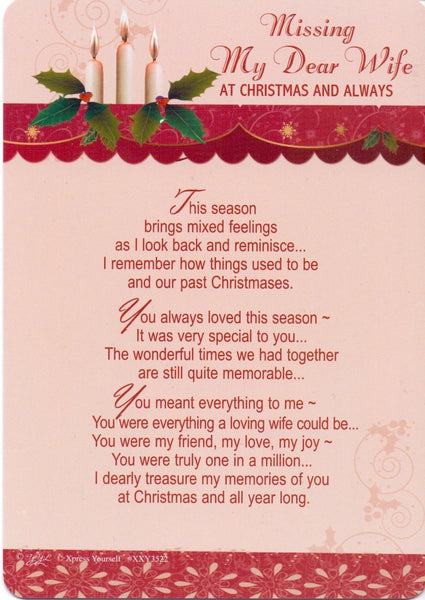 In Loving Memory - Missing My Dear Wife At Christmas And Always - Grave/Graveside Memorial Card - hanrattycraftsgifts.co.uk