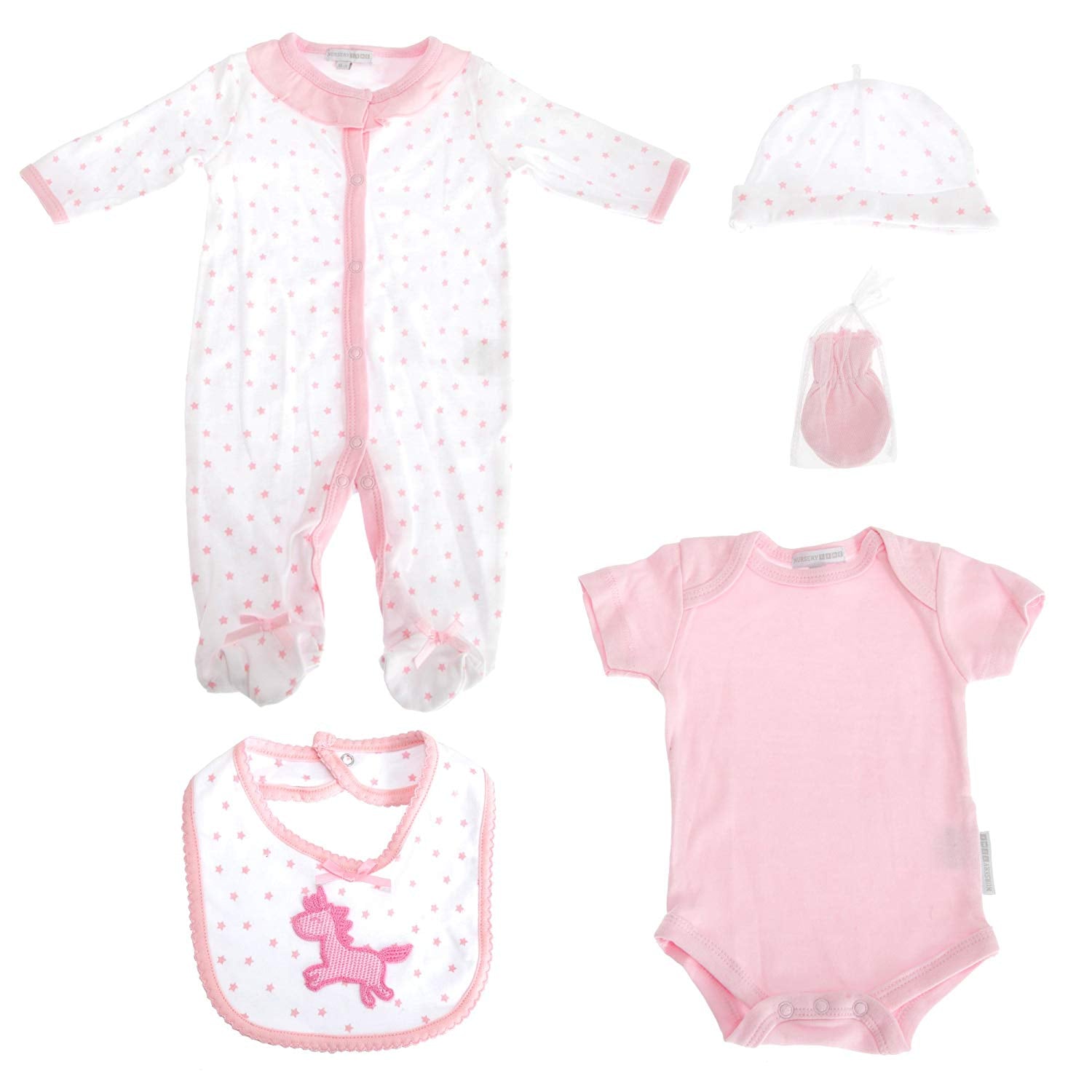 Nursery Time Baby Girl Pink 5 Piece Gift Set with Unicorn Design - hanrattycraftsgifts.co.uk