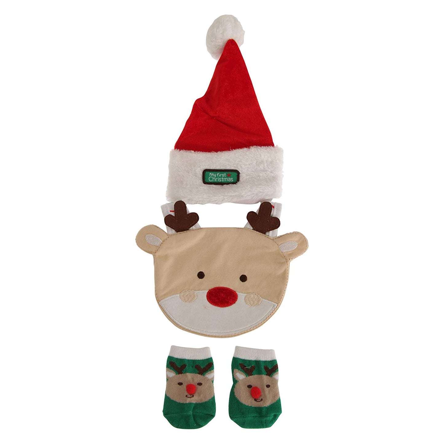 Nursery Time Baby Boys/Girls My First Christmas Rudolph The Reindeer Gift Set (Hat, Bib & Socks) - hanrattycraftsgifts.co.uk