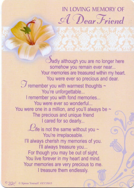 In Loving Memory - Of a Dear Friend - Grave/Graveside Memorial Card - hanrattycraftsgifts.co.uk