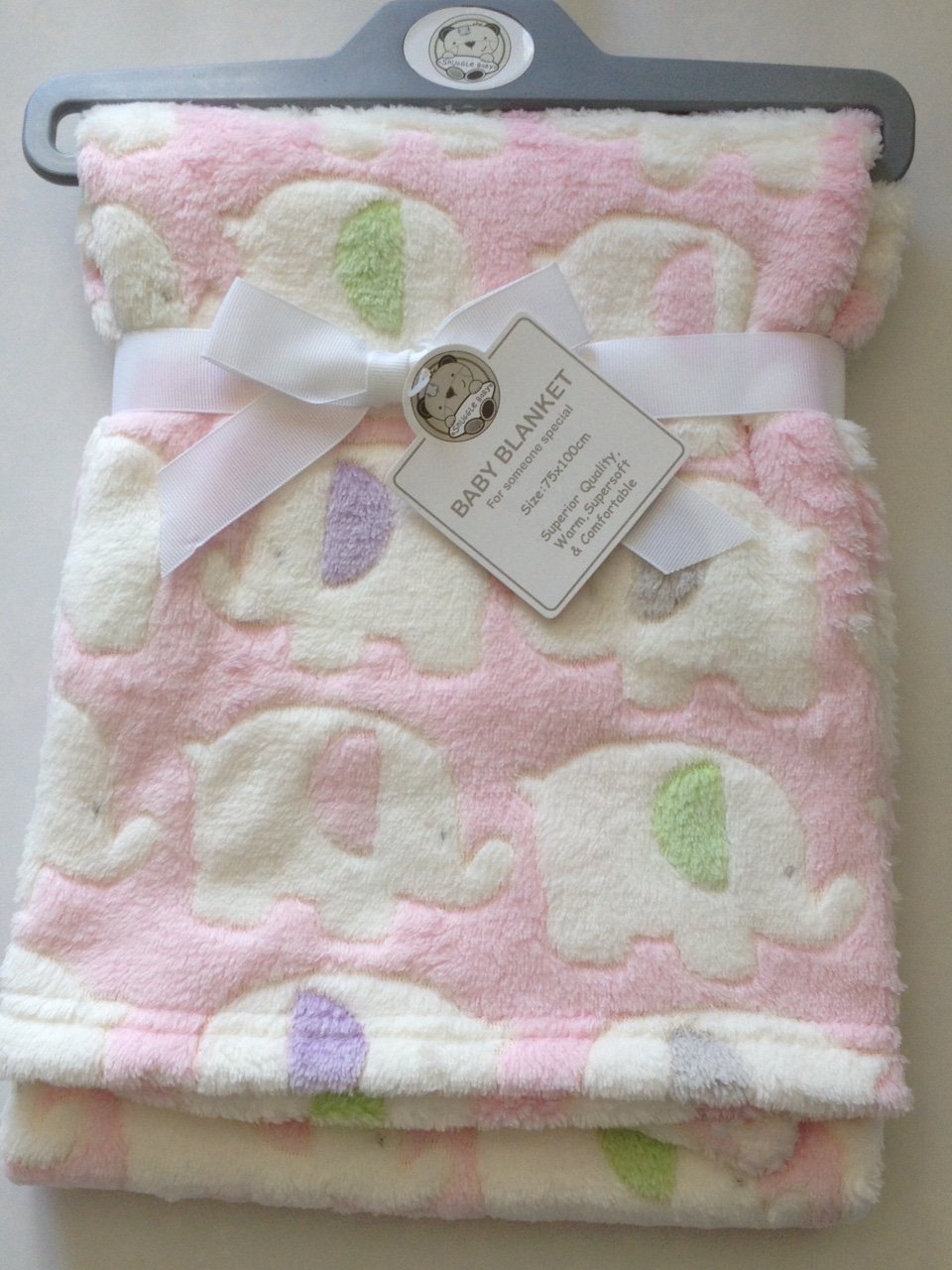 Beautiful Soft Baby Blanket With Elephants Pink/White 100 cm x 75 cm - hanrattycraftsgifts.co.uk