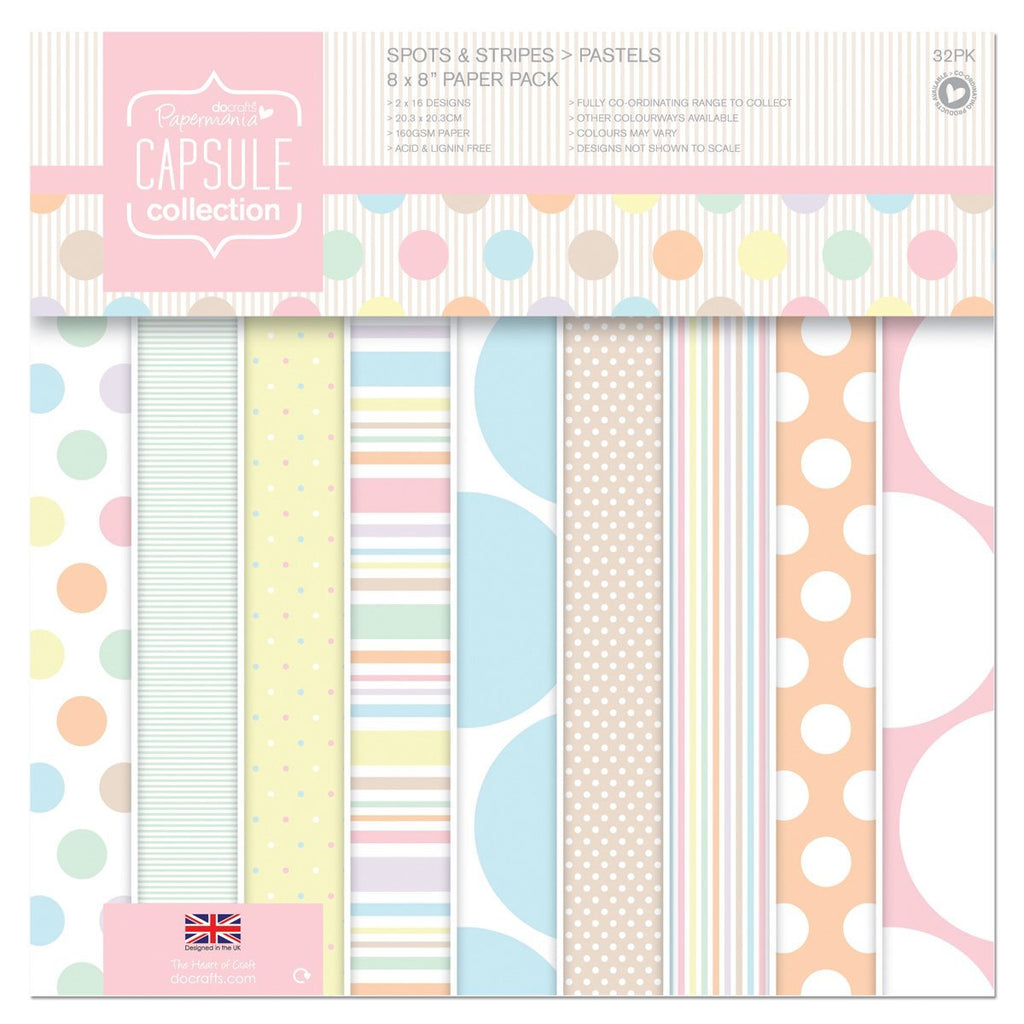 Papermania 8 x 8-inch Capsule Collection Spot and Stripe Pastels Paper, Pack of 32, Multi-Colour - hanrattycraftsgifts.co.uk