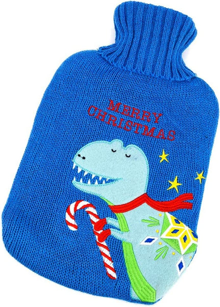 Santas Workshop Christmas Hot Water Bottle With Knit Cover - Large Dinosaur