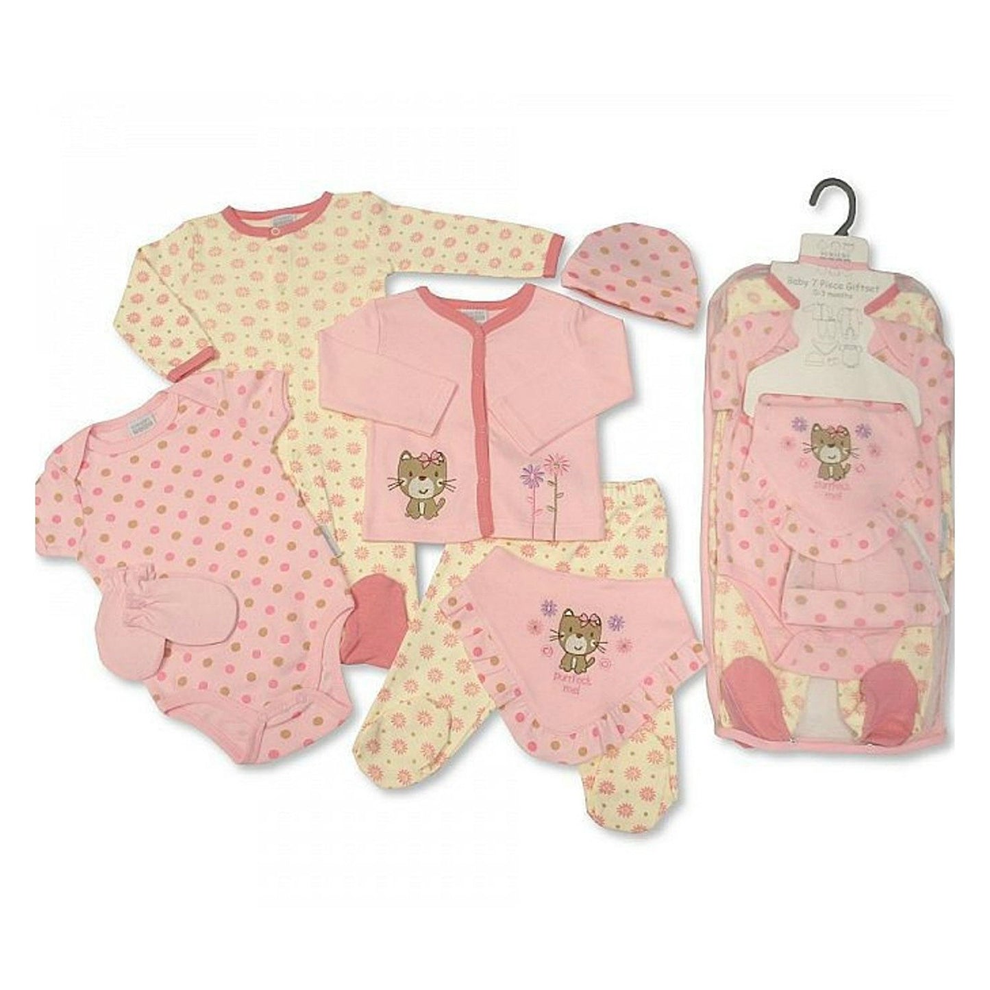 Baby Gift Set for Boy or Girl - 7 Piece Layette in a Mesh Bag - Nursery Time - hanrattycraftsgifts.co.uk