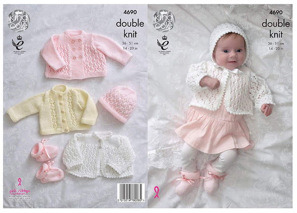 King Cole Baby Double Knitting Pattern for Matinee Coat Jacket Cardigan Bonnet Hat & Bootees (4690) by King Cole - hanrattycraftsgifts.co.uk