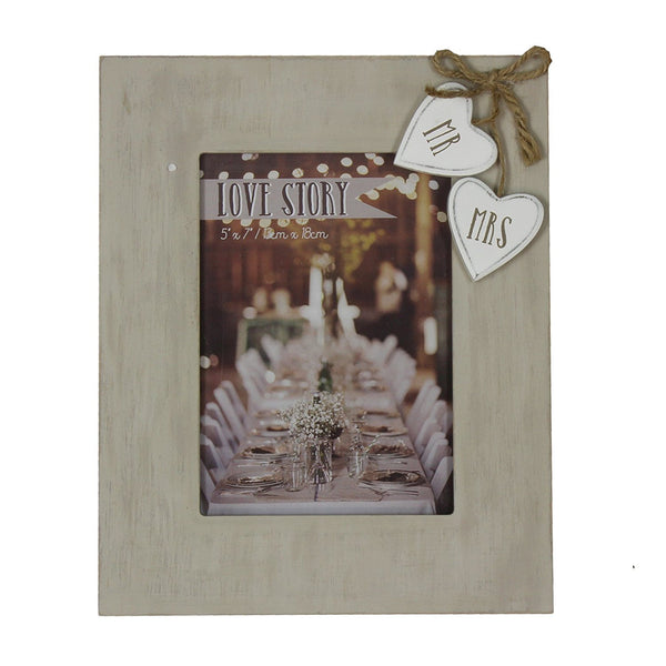 Love Story Wooden Frame With Hearts "Mr & Mrs" 5x7" - hanrattycraftsgifts.co.uk