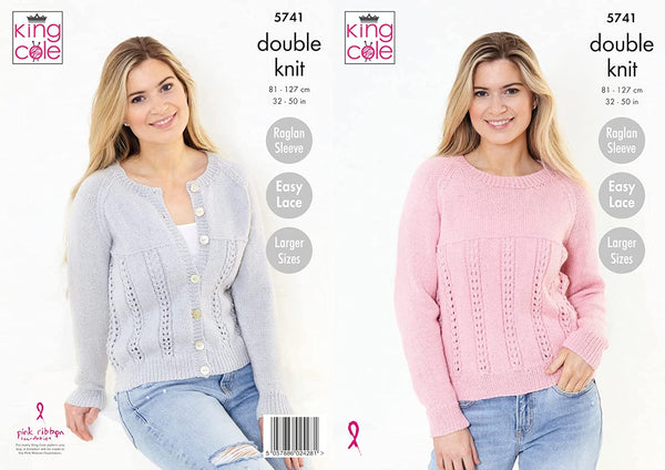 King Cole Ladies Double Knit Knitting Pattern Easy Lace Sweater & Cardigan (5741), Multi, 32 - 50 inch