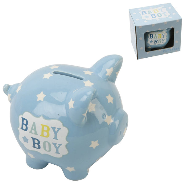 Heart and Star Piggy Bank - Baby Boy - hanrattycraftsgifts.co.uk