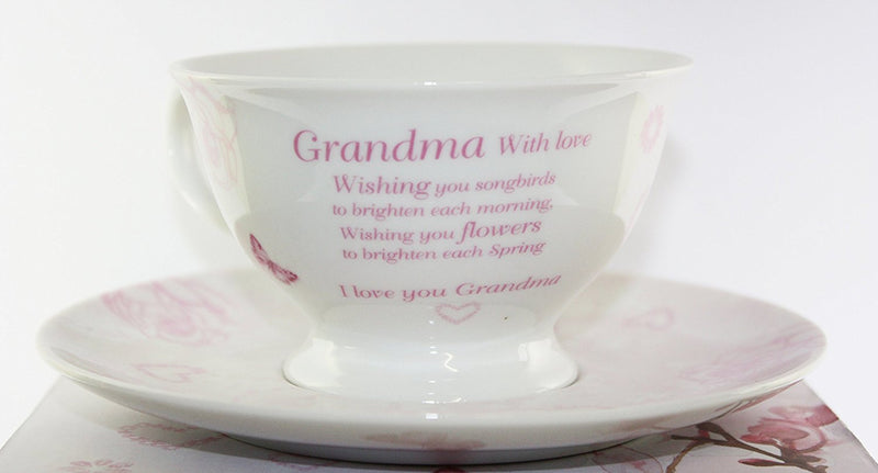 Vintage Lane Collection, Rose Fine Bone China Afternoon Tea Set 'Grandma With Love', From The Vintage Lane Collection By Jennifer Rose, Cup and Saucer Set, Cup 10x7cm, Saucer 16cm, Gift Boxed, Microwave and Dishwasher Safe - hanrattycraftsgifts.co.uk