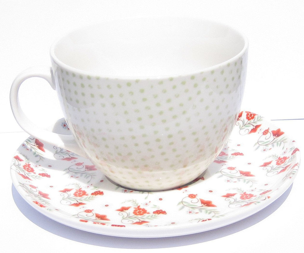 Large Ceramic Grey Spotted with Red Flowers Cup and Saucer - hanrattycraftsgifts.co.uk
