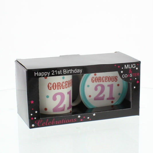 'Gorgeous 21' China Mug and Coaster Set - Comes Boxed - hanrattycraftsgifts.co.uk