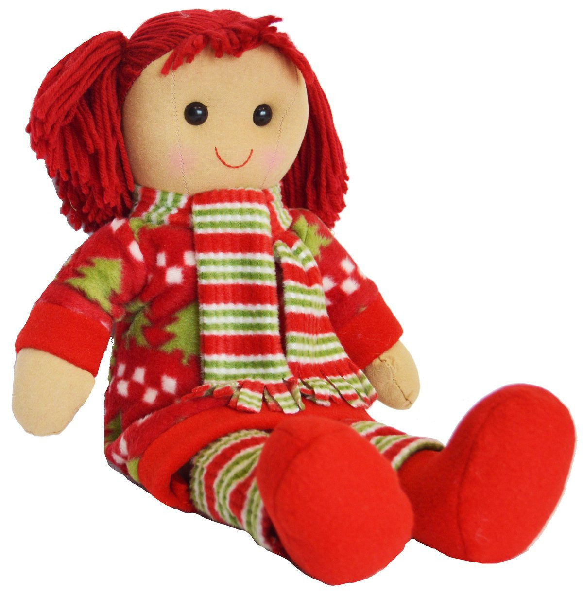 DF, A Beautiful Rag Doll dressed in a Christmas Tree dress and striped scarf, 40 cm h - hanrattycraftsgifts.co.uk