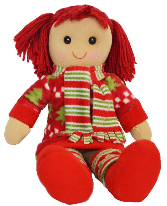 DF, A Beautiful Rag Doll dressed in a Christmas Tree dress and striped scarf, 40 cm h - hanrattycraftsgifts.co.uk