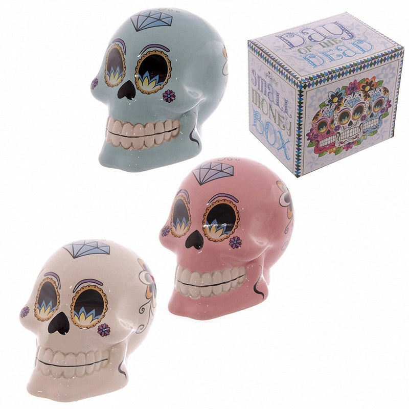 Lauren Billingham Day of the Dead Skull Money Box. Height 10cm Width 8cm. (Blue) - hanrattycraftsgifts.co.uk