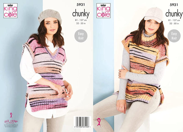 King Cole Womens Chunky Knitting Pattern Easy Knit Cowl or V Neck Tank Top (5931)