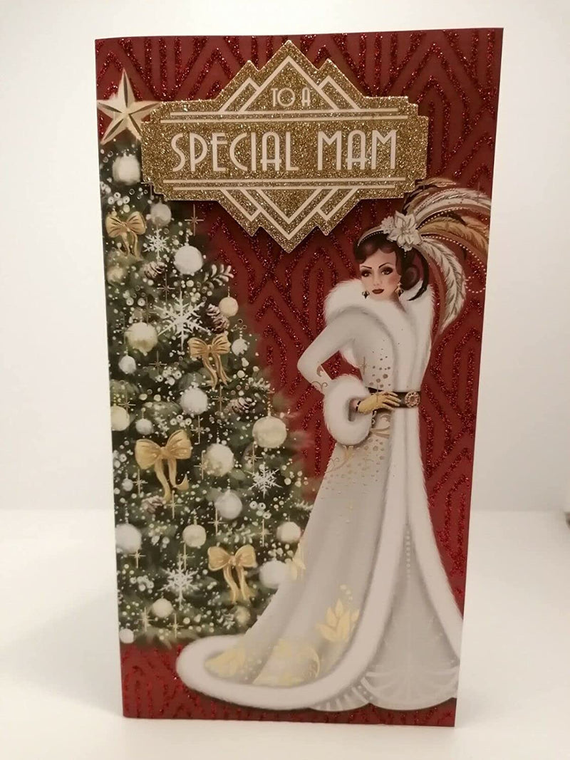 Special MAM Christmas Card Art Deco Lady Red Glitter Xmas Card