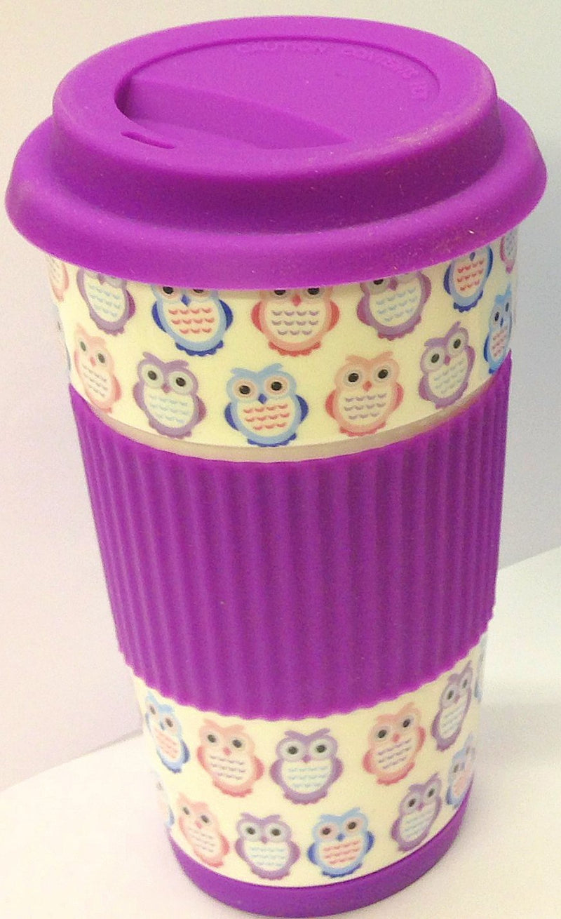 Owl Take Away Thermal Insulated Ceramic Eco Cup Travel Mug Silicon Lid & Grip (Purple) - hanrattycraftsgifts.co.uk