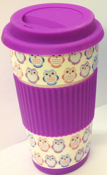 Owl Take Away Thermal Insulated Ceramic Eco Cup Travel Mug Silicon Lid & Grip (Purple) - hanrattycraftsgifts.co.uk