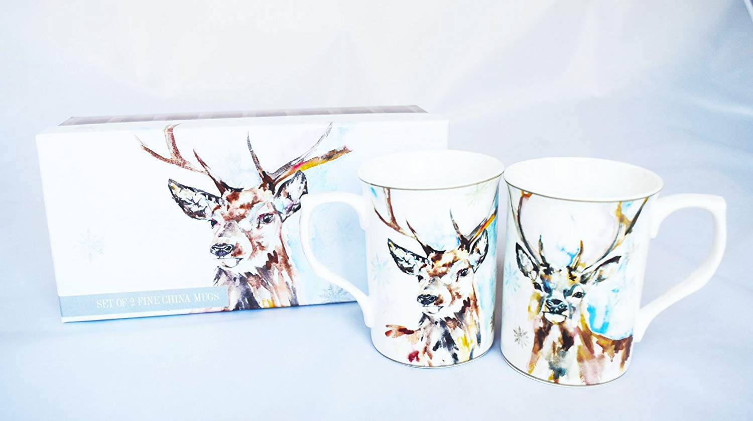 Set Of 2 Two Reindeer Mugs Christmas Wildlife Coasters Leonardo Collection China - hanrattycraftsgifts.co.uk