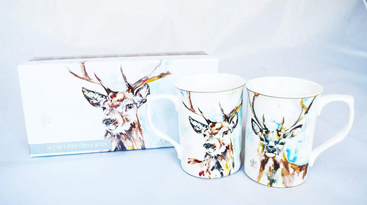 Set Of 2 Two Reindeer Mugs Christmas Wildlife Coasters Leonardo Collection China - hanrattycraftsgifts.co.uk