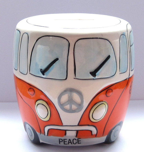 White and Orange Ceramic Camper Van Money Box with 'PEACE' on the Front - hanrattycraftsgifts.co.uk