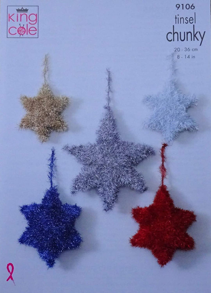 King Cole  Knitting Pattern Christmas Tinsel Star Decorations in Tinsel Chunky
