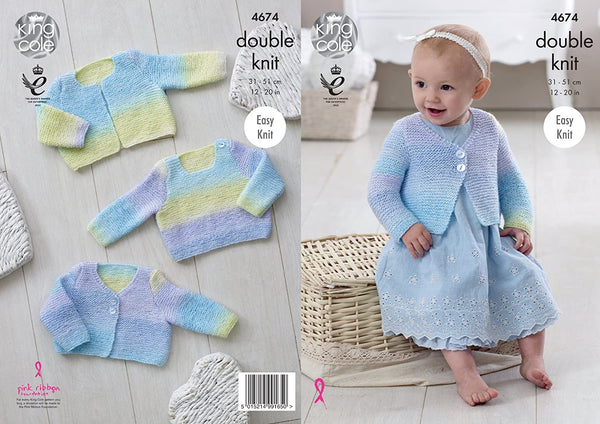 King Cole Baby DK Double Knitting Pattern Easy, Knit Sweaters & V or Round Neck Cardigans (4674)