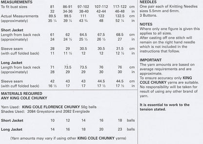 King Cole Ladies Knitting Pattern Womens Short or Long Jacket Cardigan Florence Chunky (4294) - hanrattycraftsgifts.co.uk