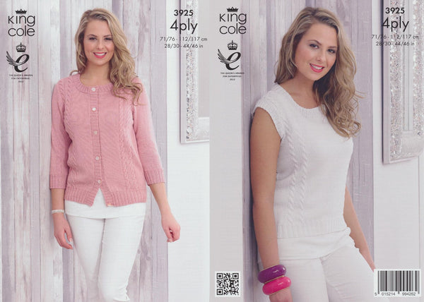 King Cole 4 Ply Pattern – 3925 Womens Cable Knit Cardigan and Top - hanrattycraftsgifts.co.uk