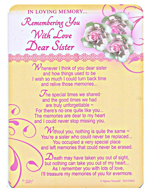 In Loving Memory - Remembering You With Love Dear Sister - Grave/Graveside Memorial Card - hanrattycraftsgifts.co.uk