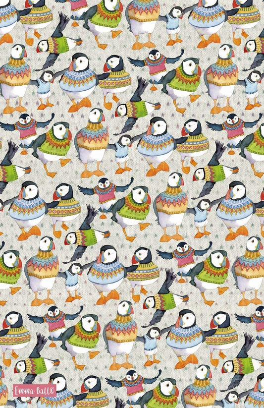 Emma Ball Woolly Puffins Cotton Tea Towel