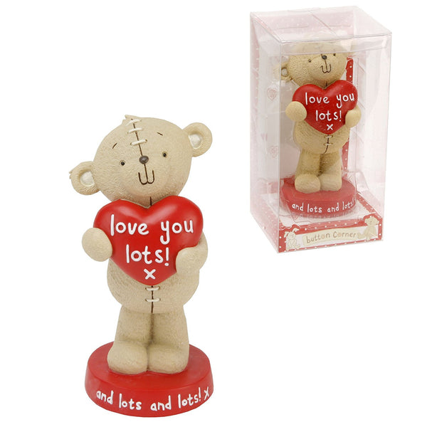 Button Corner "Love You Lots and lots and lots" Resin Figurine 11cm Bear with Heart - hanrattycraftsgifts.co.uk