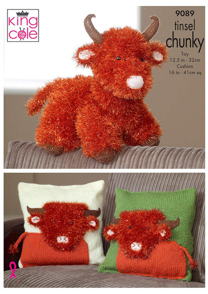 King Cole 9089 Knitting Pattern Highland Cow Toy & Cushion Covers in King Cole Tinsel Chunky - hanrattycraftsgifts.co.uk