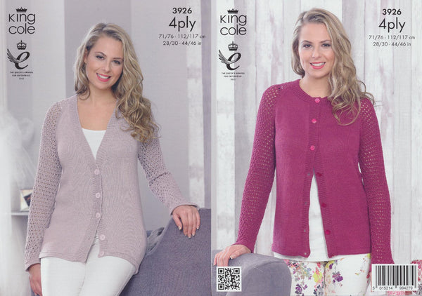 King Cole 4 Ply Pattern - 3926 Womens V Neck and Round Neck Cardigans by King Cole - King Cole Patterns - hanrattycraftsgifts.co.uk
