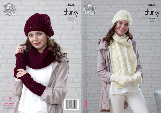 King Cole Ladies Chunky Knitting Pattern Beanie Scarf Mittens Snood Hat & Wrist Warmers (5035)