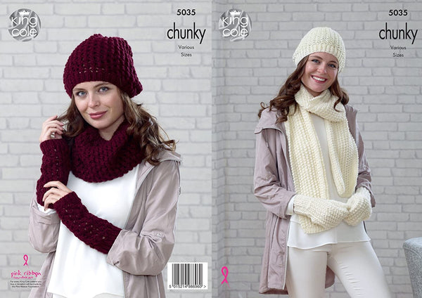 King Cole Ladies Chunky Knitting Pattern Beanie Scarf Mittens Snood Hat & Wrist Warmers (5035)