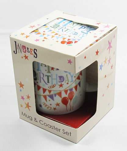 Happy Birthday ! Funky Gift Set Mug and Cork coaster - hanrattycraftsgifts.co.uk