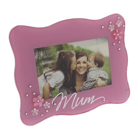 Juliana Glass Frame with Flower Crystals - Mum 6" x 4" Pink - hanrattycraftsgifts.co.uk