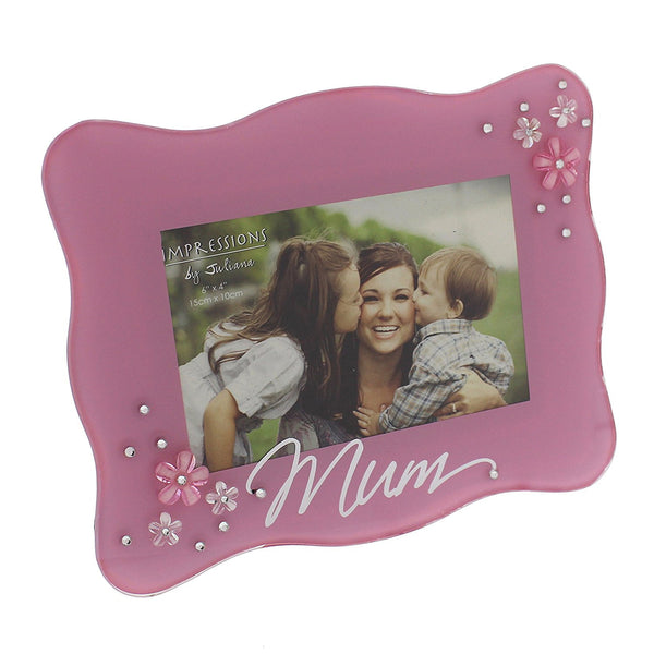 Juliana Glass Frame with Flower Crystals - Mum 6" x 4" Pink - hanrattycraftsgifts.co.uk
