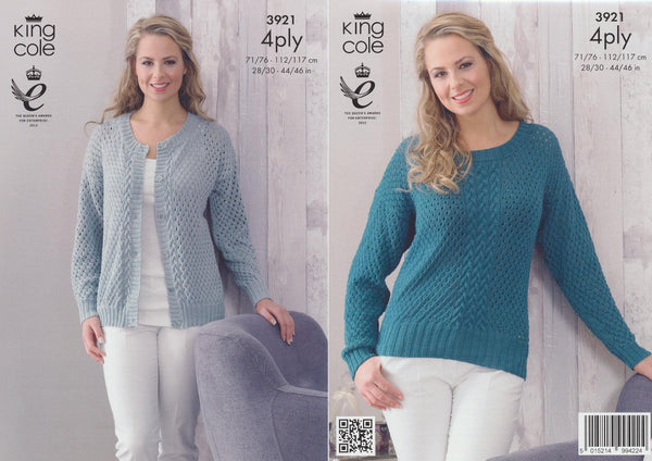 King Cole 4 Ply Pattern - 3921 Womens Cable Knit Cardigan and Jumper by King Cole - hanrattycraftsgifts.co.uk
